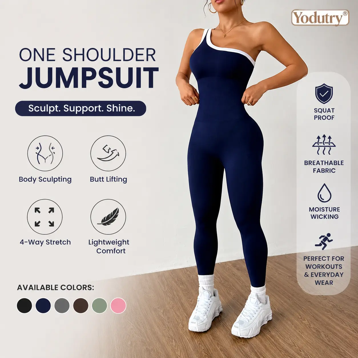 Yodutry | One Shoulder Seamless Jumpsuit for Women, Butt Lifting 4-Way Stretch Workout Bodysuit, Squat Proof Moisture Wicking Yoga Onesie, Gym Travel Casual Outfit