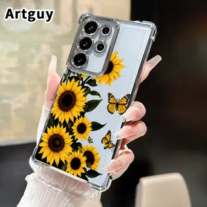 Sunflower Butterfly Symphony Pattern Phone Case Compatible with Samsung Galaxy S23 Ultra S24 Plus S25 S22+ FE Edge Four Corners Air Cushion Anti-drop Silicone Shockproof Cellphone Cover