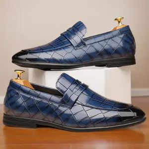 Men's Blue Croc-Embossed Penny Loafers, Formal Slip-On Leather Shoes38696