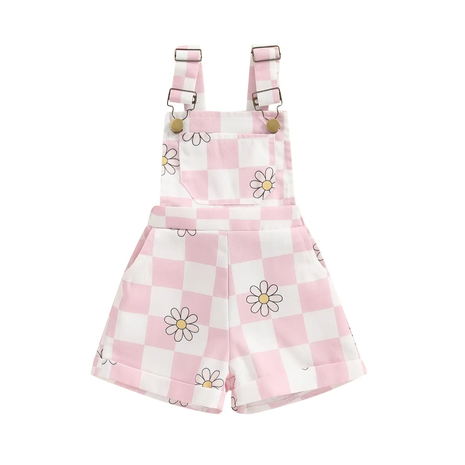 Toddler Girls Clothes Baby Checkerboard Floral Print Overalls Shorts Sleeveless Suspender Jumpsuit Romper Cute Summer Outfit Clothing