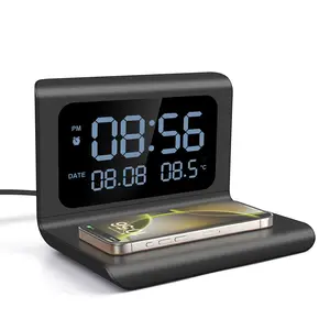 Wireless Charging Station, Digital Alarm Clock for Bedroom Bedside Table Office Thermometer Date Display 15W Fast Wireless charger compatible with iphone compatible with samsung