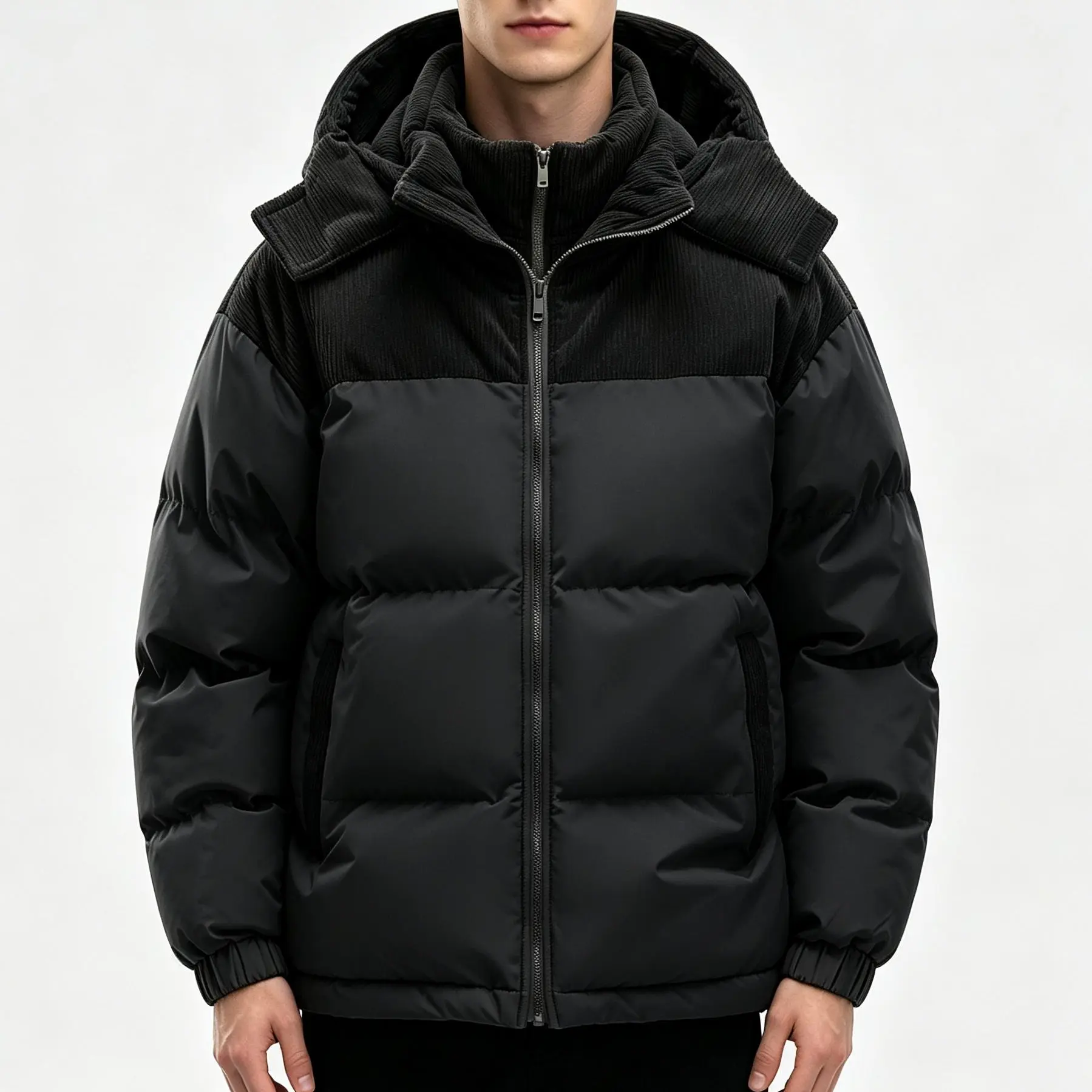 Men's Winter Color-Block Hooded Down Jacket - Thick, Warm, Loose-Fit, Detachable Hood, Contrasting Panels, Ideal for Everyday Commuting, Outdoor Activities