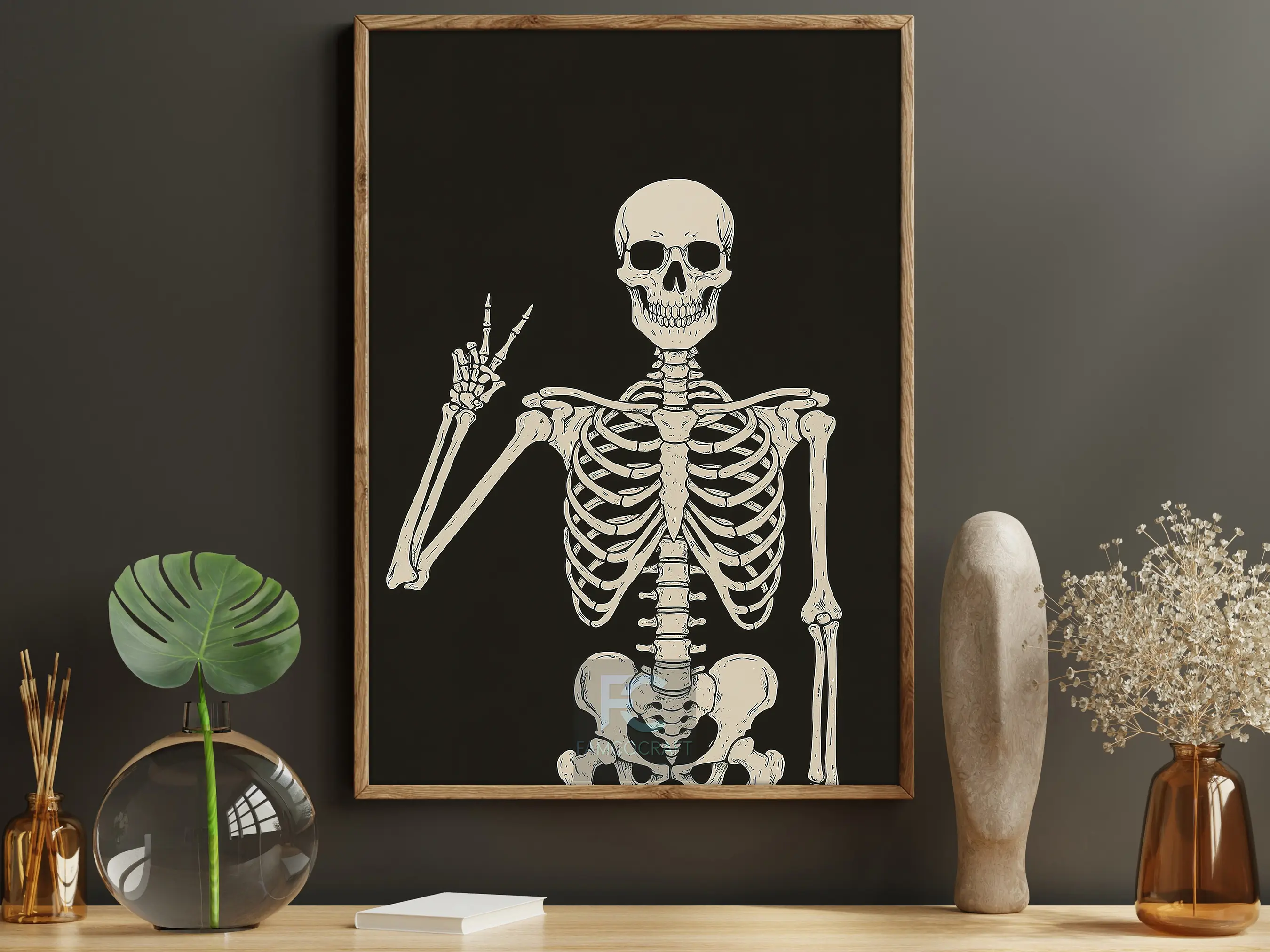 Peace Out Skeleton Canvas Print, Funny Halloween Skeleton Poster, Spooky Hand Gesture Wall Art