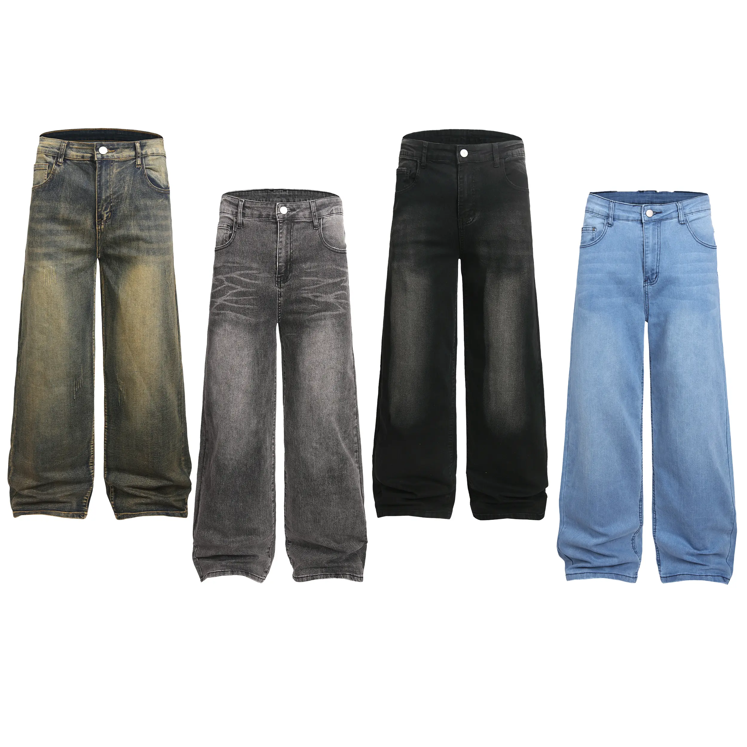 Men's Wide-Leg Flex Denim Trouser - All Season Baggy Jeans, 90s Retro Buttons Closure, Adjustable Strap, Relaxed Fit Full-Length Streetwear Pants