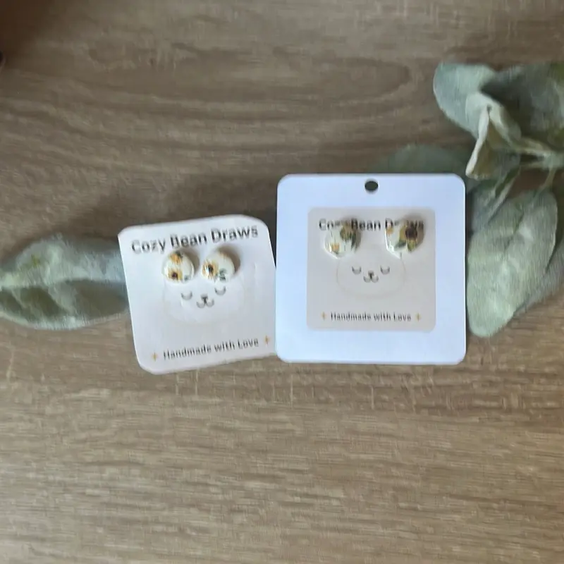 Cozy Bean Draws Sunflower Clay Stud Earrings Handmade Polymer Clay with Resin Gloss Circle & Hexagon Shapes Hypoallergenic Posts Lightweight Durable One-of-a-Kind Jewelry for Flower Lovers