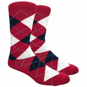 Red Argyle Dress Socks with Navy and White Pattern