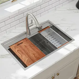 Kichae 33"x22" Drop In Kitchen Sink Single Bowl 16 Gauge Stainless Steel Brushed Workstation Sink with Faucet Hole,Cutting Board, Colander