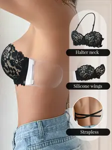 Women's Strapless Floral Lace Patchwork Push-Up Bra - Beautiful Back Design, Underwire Lift Anti-Sag, Invisible Non-Slip Silicone Wings, Adjustable Multi-Way Wear | Valentine's Day Gift, Bridal, Backless Dresses & Everyday Wear, Fit