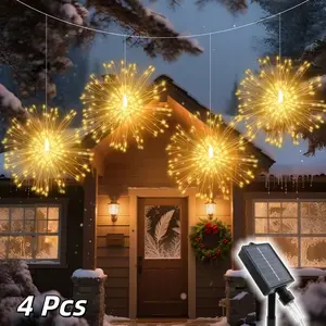 4 pcs Outdoor Decorative Starburst Ball Lights, 240LED Hanging Firework Lights, Solar Powered, 8-Mode Christmas Decorative Garden Lights. Suitable for Eaves, Patios, Gardens, Courtyards, Holidays, Christmas Lighting Decor