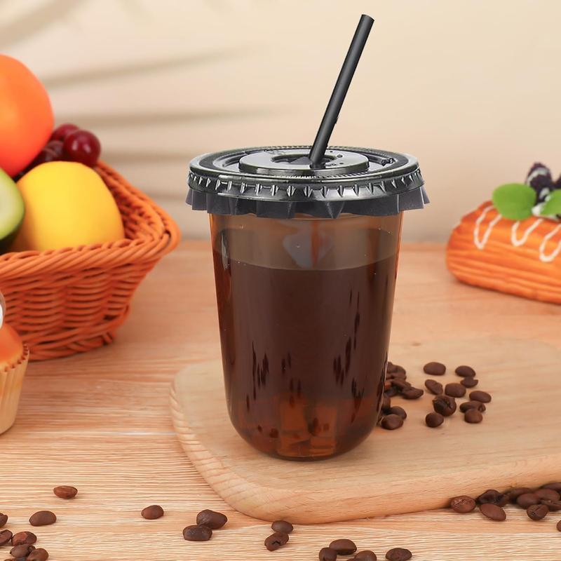 100 Set 16oz（500ml） Black Clear Plastic Cups with Lids & Straws for Iced Coffee Slushie Smoothie Lemonade Party Coffee Shop Supplies Round Bottom To-Go Cups for Cold Drinks