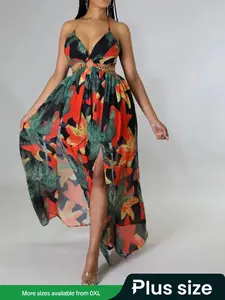 Plus Size Floral & Leaf Print Chain Decor Cut Out Split Thigh Cami Dress, Bohemian Casual Boho Fashion Backless Halter Neck Maxi Dress for Daily Holiday Vacation Wear