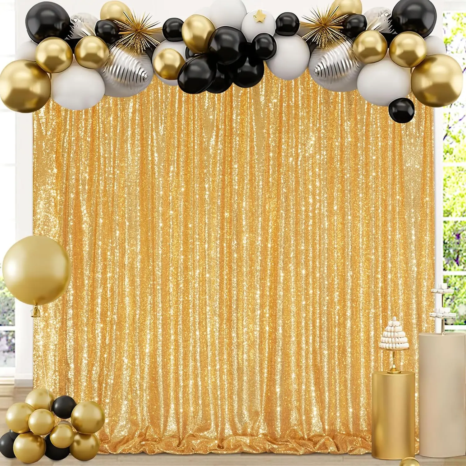 Gold Sequin Backdrop Curtains 7ftx7ft Shimmer Back Drop for Christmas Party Birthday Photography Wedding Baby Shower Event Decoration with 4-inch Rod Pocket - Banners