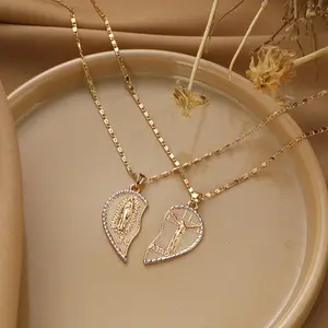 DIYAO Breakable Heart Matching Necklaces Set - Gold-Plated Jesus Cross, Virgen Maria Religious Costume Jewelry, Couple Gifts