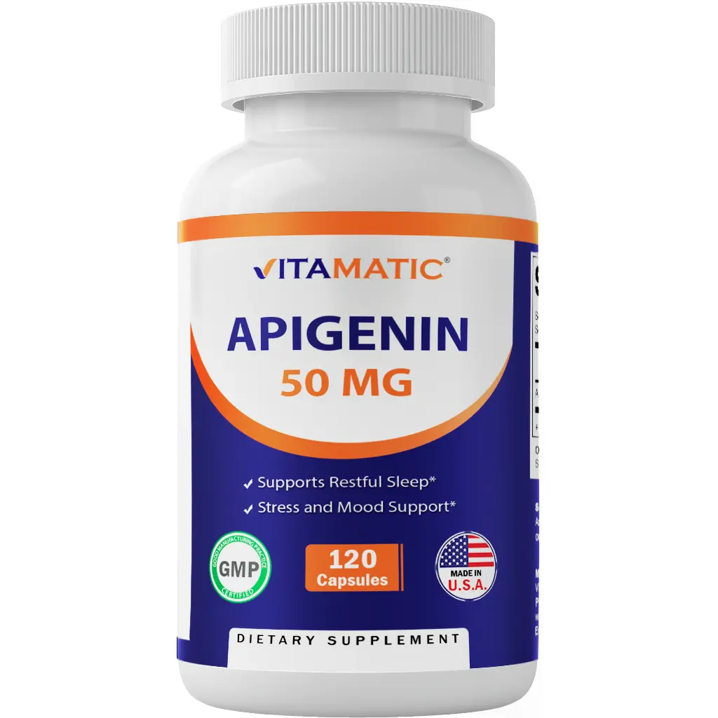 Vitamatic GMO-Free Apigenin 50mg Vegetarian Tablets (120 Count) - Immune Support, Brain Health Supplement, Self Care Products for Vitamin & Magnesium Needs (Capsule-Equivalent Nutritional Benefits)