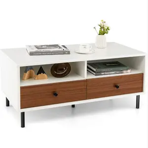Giantex rectangular coffee table with storage, 2-tier wooden coffee table with 2 drawers, small farmhouse style coffee table with 2 drawers for dining room, space-friendly, suitable for living room/office/home.