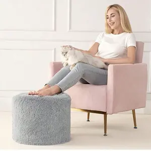 Foam-Filled Faux Fur Round Footstool with Removable Washable Cover, Suitable for Chair, Under Desk Footrest, Living Room Bedroom, Grey/Black