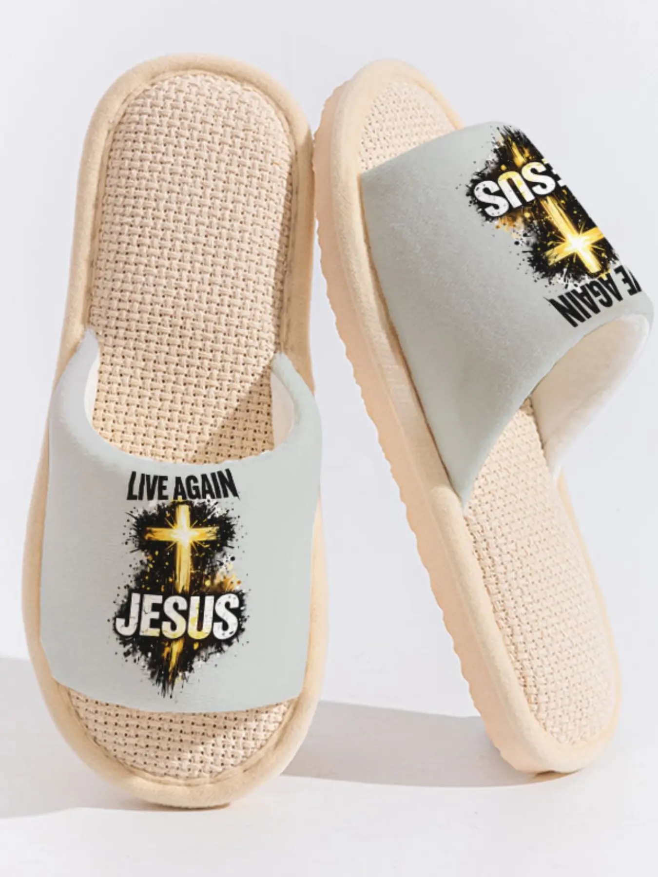 "LIVE AGAIN JESUS" Golden Cross Faith Slippers Cloud-Feeling Inspirational Religious Vibe Must-Have For Christian Believers & Religious Culture Lovers