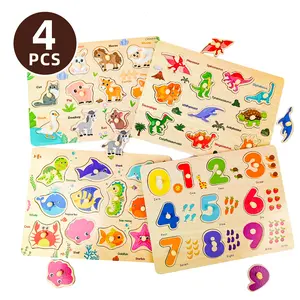 Children's Digital Farm Ocean Animal Dinosaur Hand Grabbing Puzzle Set, Jigsaw Puzzle, 4 pcs Wooden Peg Puzzles Educational Toy, Train Logical Thinking & Hand-eye Coordination, Color & Shape Recognition, Birthday Christmas New Year Gifts for Boys Girls