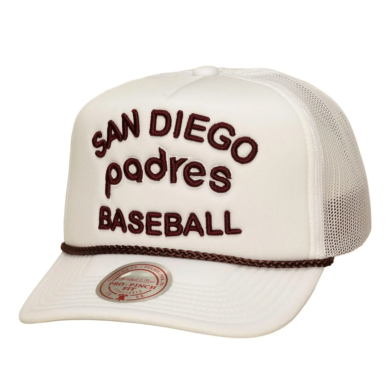 San Diego Padres Fresh White Cooperstown Pro Pinch Trucker Snapback MLB Throwback Cap Adjustable Fan Gear Mitchell & Ness