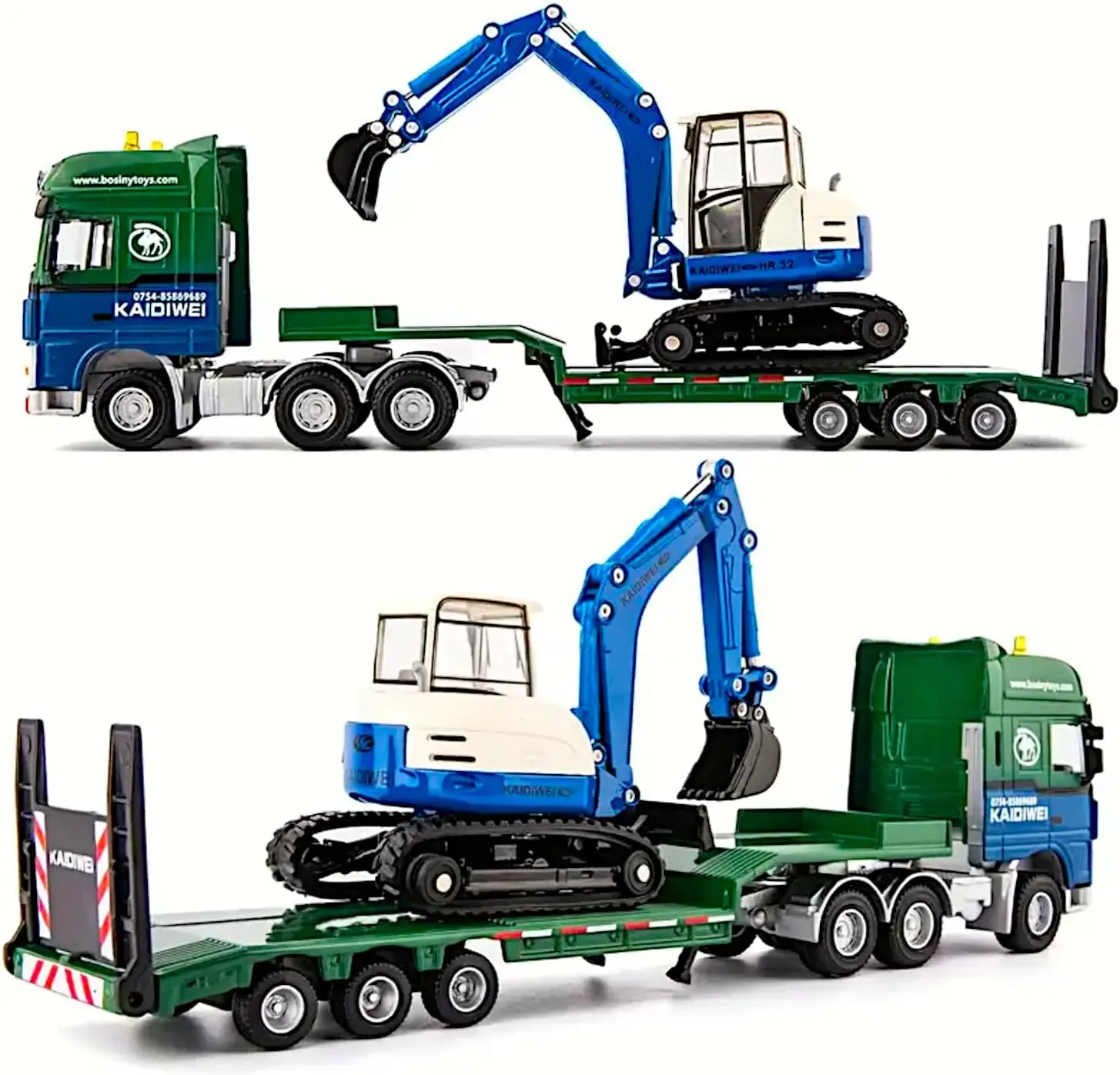 Kaidiwei 1/50 Scale Metal Alloy Diecast 2pcs Construction Vehicle Play Set - Semi-Truck Trailer, Crawler Excavator, Track Backhoe Loader, ABS Parts, Realistic Look, Unisex STEM Gifts for Adult Hobbyists, Thanksgiving Valentine Day Collectible Decor