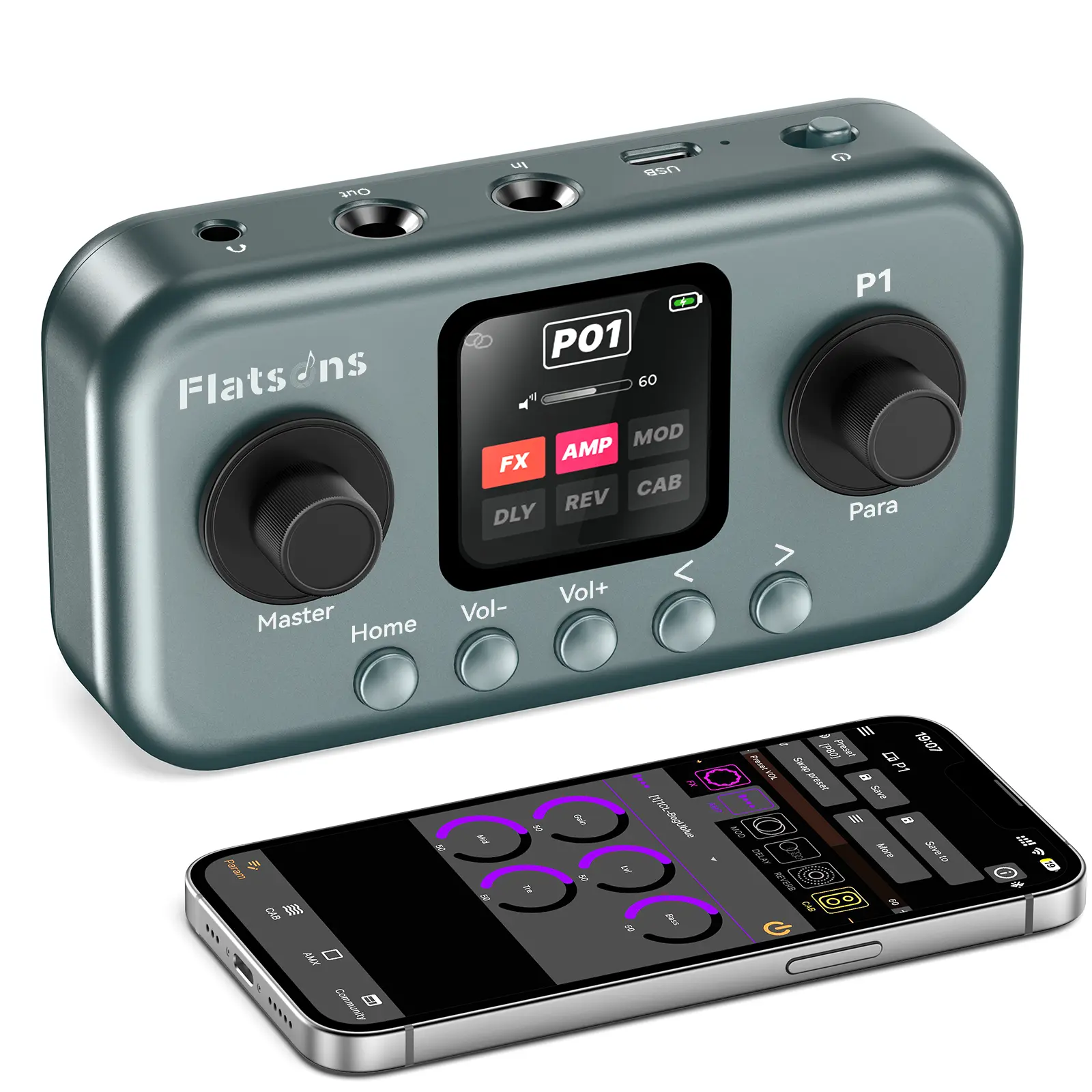 Flatsons P1 Portable Multi Effects Guitar Pedals, 80+ Effects & Amp Modeling, Rechargeable Multi Effects Processor for Bass, Wireless App Control, OTG Recording & IR Loading