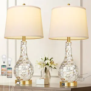 2024 Gold Table Lamps for Living Room Set of 2, Modern Coastal Bedside Shell Pearl Tiles Nightstand Lamp with USB Ports 3-Way Touch Control Lamp for Bedroom Home Decor (2700K LED Bulbs Included)