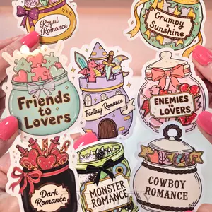 8 Candy Jars Book Tropes Reading Book Lover - Waterproof Glitter or Glossy Stickers 2.75" Size Customizable for Kindle Book or Tablet Durable Stylish Design