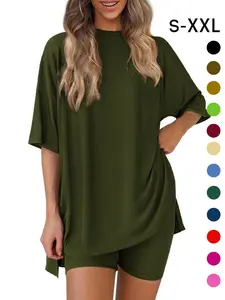 Women's Solid Color T-Shirt and Tight Shorts Set, Summer Comfort Round Neck Pajamas, Pocket Design, Suitable for Outdoor Wear