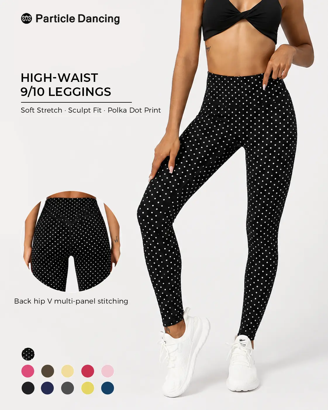 Women’s High Waisted Polka Dot Polyamide Blend Yoga Leggings, 9/10 Length Black Workout Pants with Sculpting Back Seam, Stretch Ankle Bottoms for Gym, Pilates & Everyday Active Wear