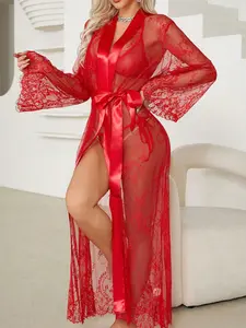 SOFUSEN Womens Sexy Red Lace Nightgown See Through Long Robe Lingerie Set with Kimono Sleeves and Belt for Valentines Day or Bridal Gifts
