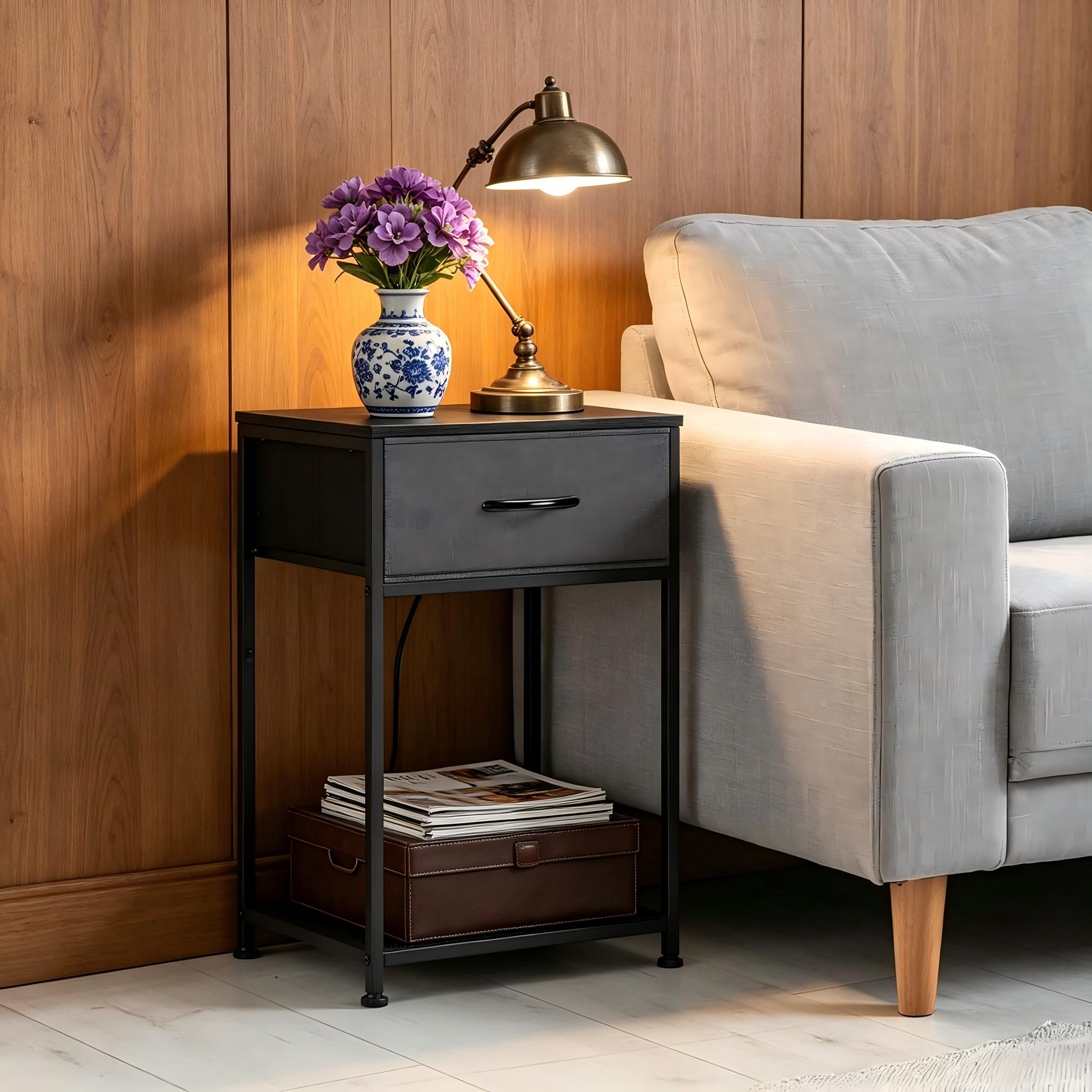Black Nightstand with Charging Station, USB & AC Power Outlets, Fabric Drawer, Open Storage Shelf, Adjustable Legs – Multifunctional Bedside Cabinet for Bedroom, Living Room Black Nightstand with Charging Station, USB & AC Power Outlets, Fabric Drawer, Open Storage Shelf, Adjustable Legs – Multifunctional Bedside Cabinet for Bedroom, Living Room
