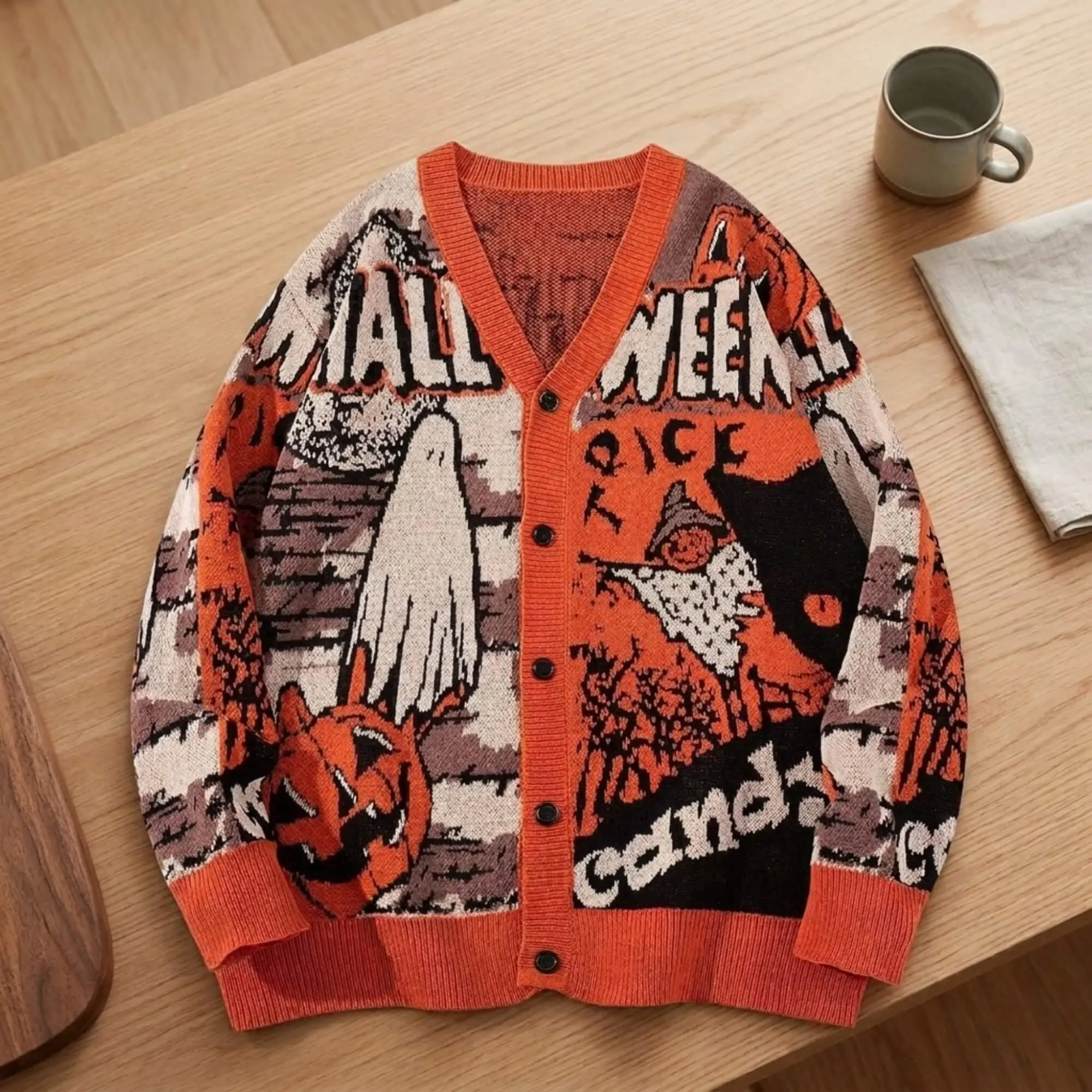 Orange Halloween Knit Cardigan, Ghost and Pumpkin Sweater, Vintage Graphic Cardigan