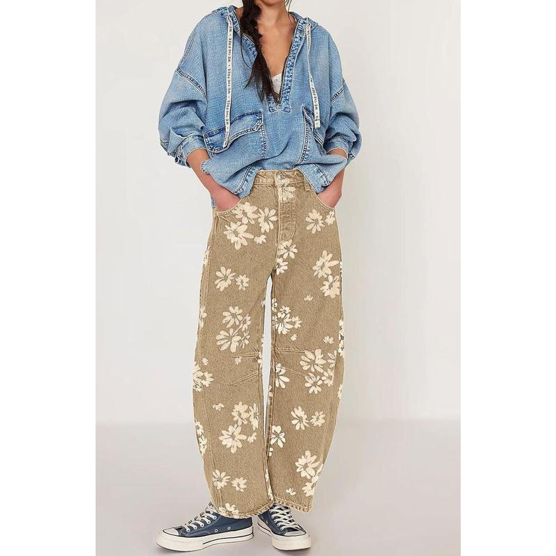 Women Y2k Distressed Barrel Jeans Baggy Wide Leg Jeans Floral Printed Boyfriend Patchwork Denim Pants2026