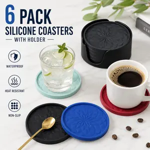 Silicone Coasters with Holder 6 Pack, Black Thickened Drinking Coasters with Deep Tray Design for Hot and Cold Drinks, Non-Slip Non-Stick Cup Mats for Coffee Mugs, Tea Cups, Glasses, Kitchen, Bar, Office Desk and Home Decor