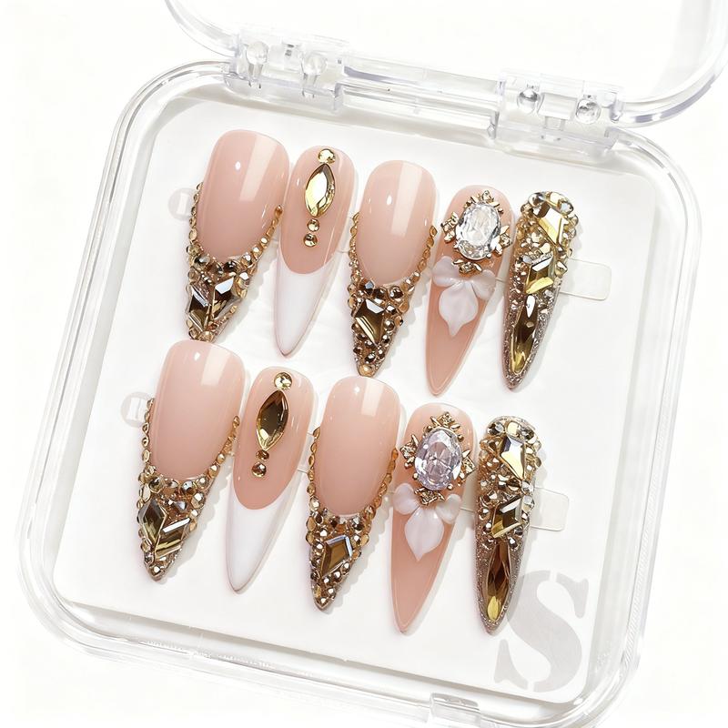 Reusable Press-On Nails Glossy Gel Finish Short Coffin Almond Easy Apply Remove Strong Hold Nail Kit for DIY Home Manicure with Nail File Glue and Storage Box
