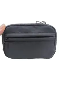 Oxford cloth zipper coin bag - unisex ultra-thin wallet with 2 zipper compartments and card slot (black)