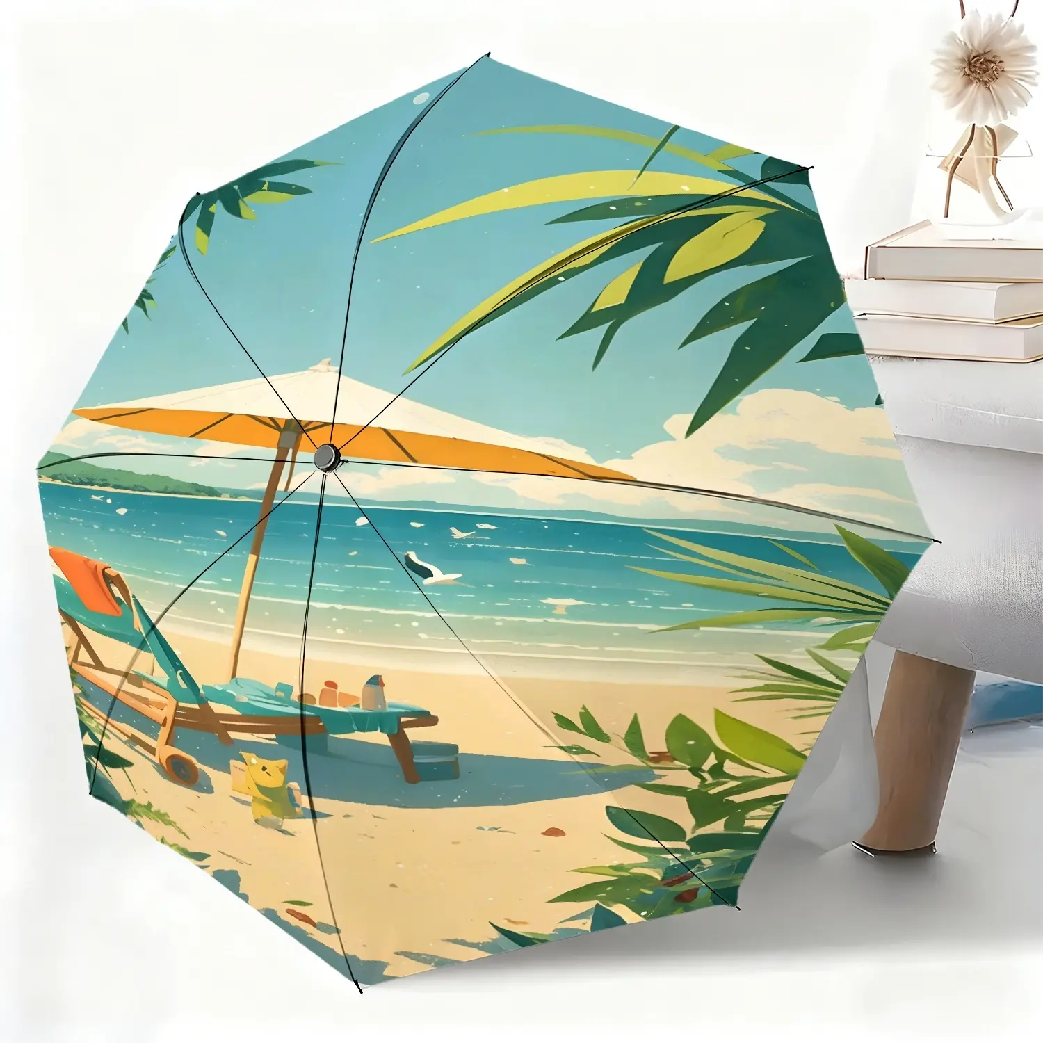 Waterproof folding umbrella with a beach vacation scene illustration, suitable for both men and women, portable and suitable for travel and everyday use.