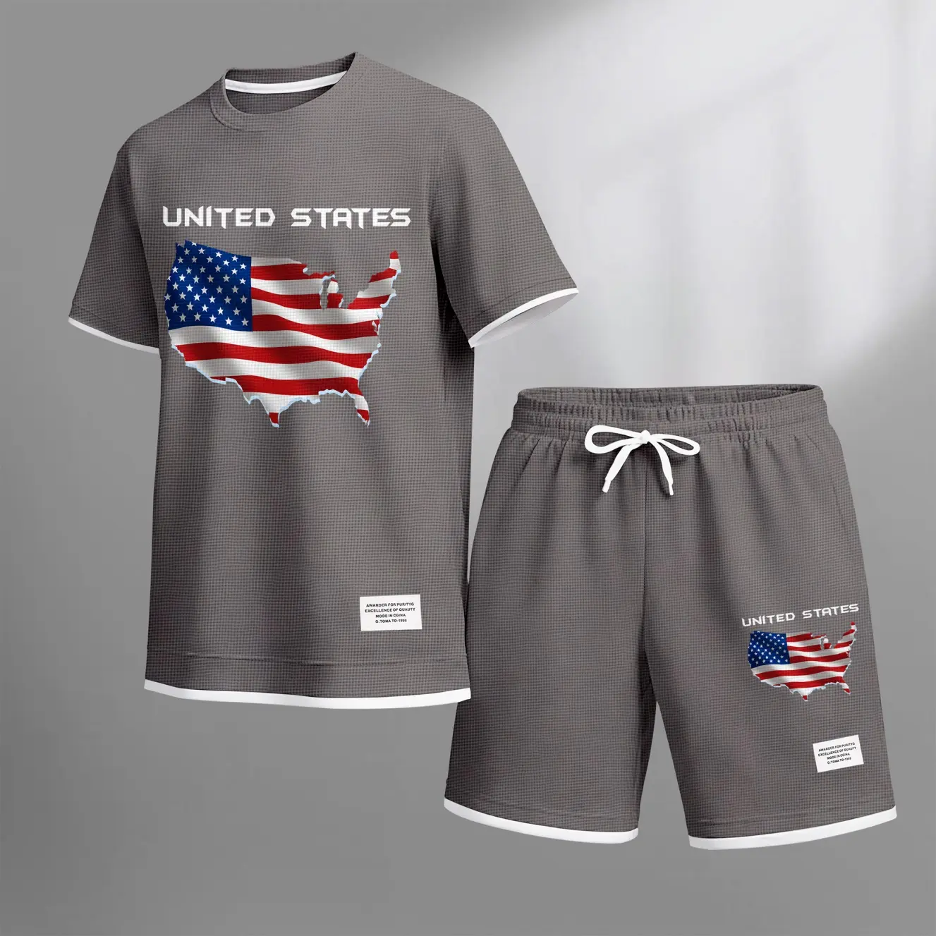 Men's The United States Print Waffle Fabric Short-Sleeved Shirt And Shorts Set Casual Athletic