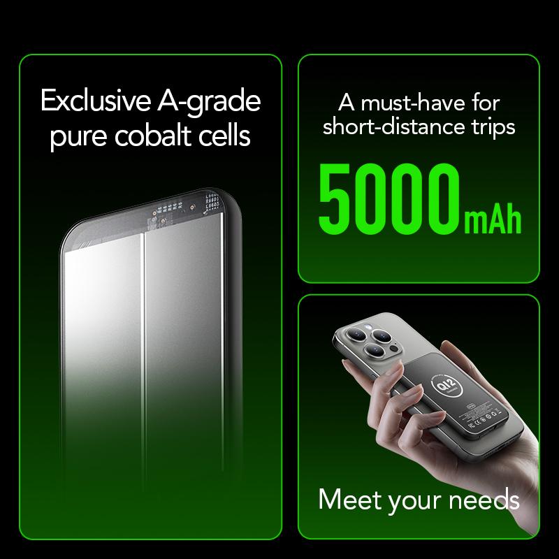 mfish E-Monster 5000mAh Ultra-thin Wireless Power Bank,Portable Fast QI2 Charging,MagSafe Compatible for iPhone 15/16/14/13 Compact Cable Chargeable