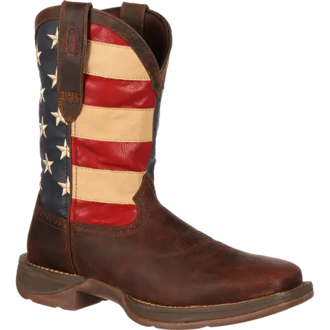 Durango Men’s Full Grain Leather Rebel Patriotic Pull-On Flag Boots DB5554 - 12 in, Square Toe, Rubber Sole, Cowboy Aesthetic Men’s Footwear