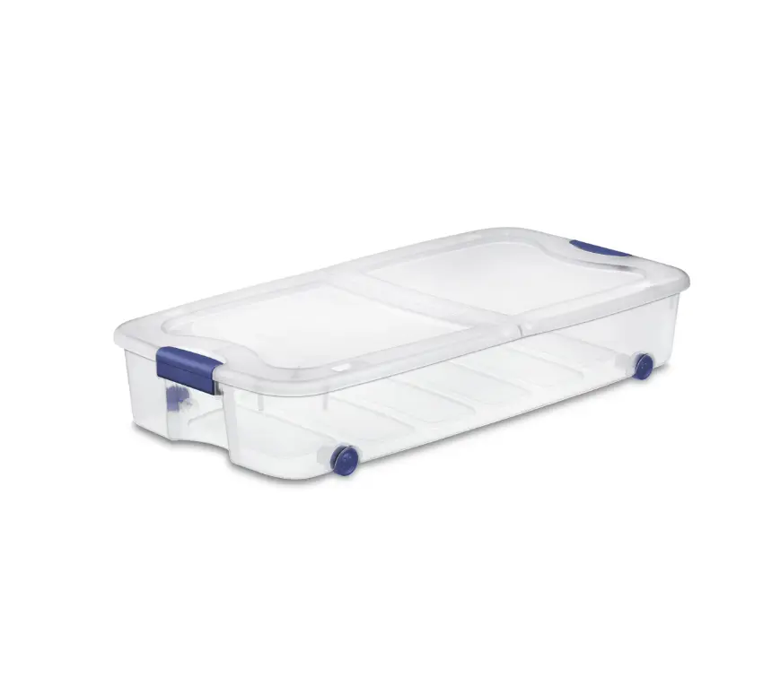 Sterilite 66 Quart Latching Underbed Wheeled Storage Bin, Clear Plastic Storage Container with Latch Lid, Blue