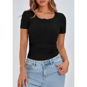 Womens 2026 Summer Short Sleeve Tops Ribbed Henley Button Slim Fit Basic Casual T Shirts Blouse Fashion Clothing