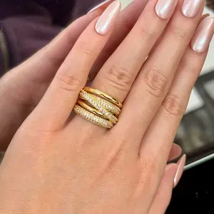 18K Gold Triple Layer Criss-Cross Ring Sparkly Statement Band for Everyday Wear Elegant Design Versatile Jewelry Gift
