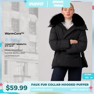 PUFFIT WarmCore Premium Removable Faux Fur Collar Puffer With Detached Hood,Removable Faux Fur Collar,Side Zipper Design,Windproof Sleeves,High-Density, High-Twist Fabric,Detachable Hood, Elegant And Appearance SpringStatements