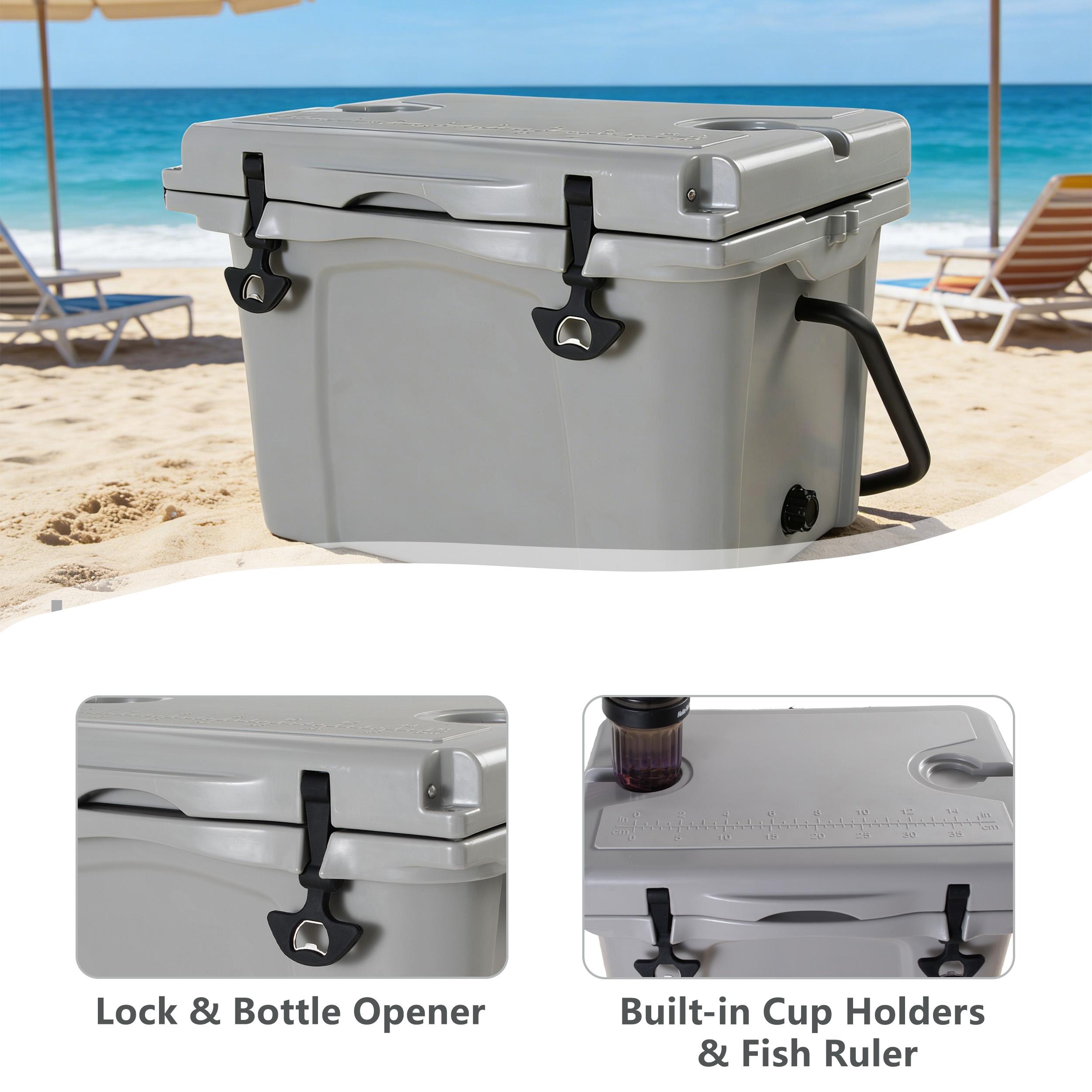 Dufominc 25QT Volume Sturdy Rotational Mold Insulated Hard Cooler with Ergo Handle, Large Size, Bottle Opener, Cup Holder, Forming Ruler, 5-7 Day Ice Retention for Camping, Beach, Travel