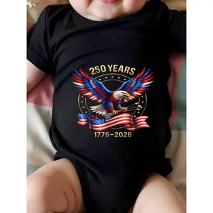100% Infant Baby Unisex Short Sleeve Onesie T Shirt, 250 Years 1776 2026 Bald Eagle American Flag Print, Commemorative Patriotic Design, Soft Breathable Top, for Kids Boys Girls, Ideal Celebration, Comfortable Fit, Machine Washable, for Outdoor