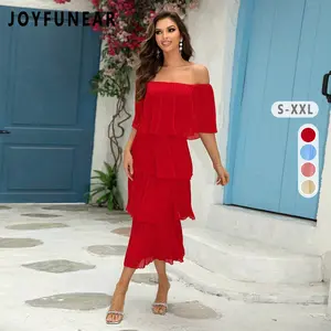 JOYFUNEAR Women's Red Solid Color Off Shoulder Ruffle Hem Chiffon Midi Dress for Summer Vacation Elegant Guest Wear S-XXL