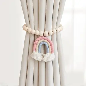 Rainbow Wooden Bead Curtain Tieback, Light Color Beads & Tassels, Modern Home Decor, Elegant Indoor Design Accessory