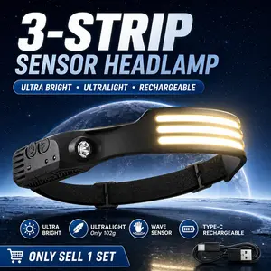 3-Strip Wave Sensor Headlamp, USB-C Rechargeable LED Head Light with Side Spotlight, White/Red/Yellow Light Modes, Lightweight Hands-Free Head Torch for Night Fishing, Camping, Hiking, Repair & Outdoor Work