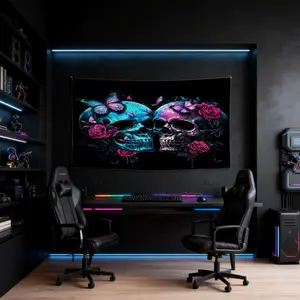 Neon Skull & Rose Print Tapestry, Gothic Aesthetic Style, Vivid & Fade-Resistant, Personalized Home Decor, Ideal for Bedroom, Living Room & Dorm, Perfect Keepsake Gift